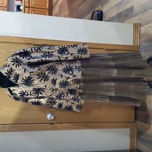 Jerry T Metallic olive black flocked floral pleated maxi skirt zip top vintage